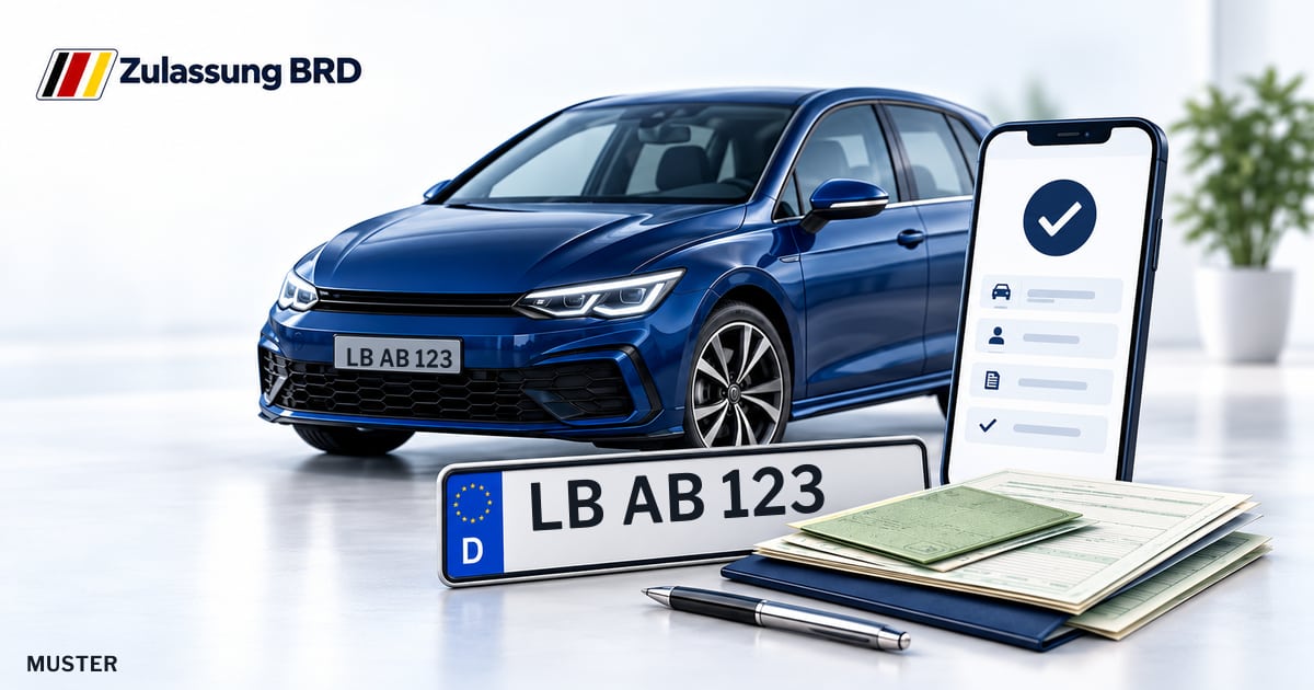 Online Fahrzeugzulassung in Remseck am Neckar: Musterkennzeichen LB AB 123, Auto und Fahrzeugpapiere und Smartphone. Illustration mit Logo von Zulassung BRD.